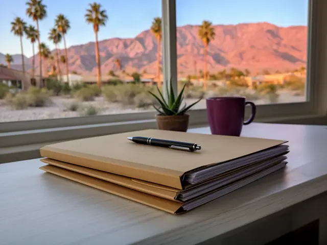 A neat stack of closed kraft folders with a pen on a desk by a window onto palms and desert mountains.