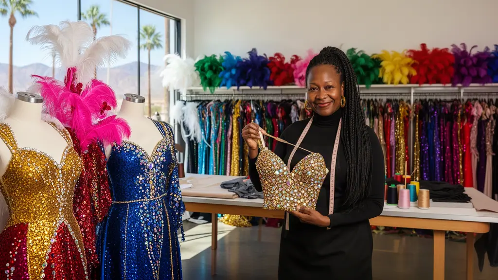 A smiling costume maker holds up a sparkling sequinned bodice in her atelier, feathered stage costumes on dress forms beside her.
